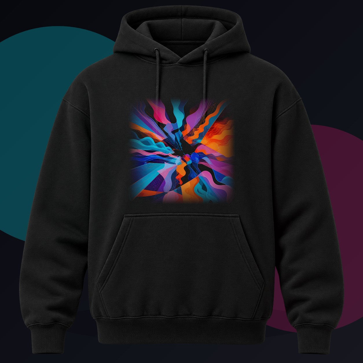 Shatterwave Aperture original KOSVYRE design on a black hoodie against a graphite studio background