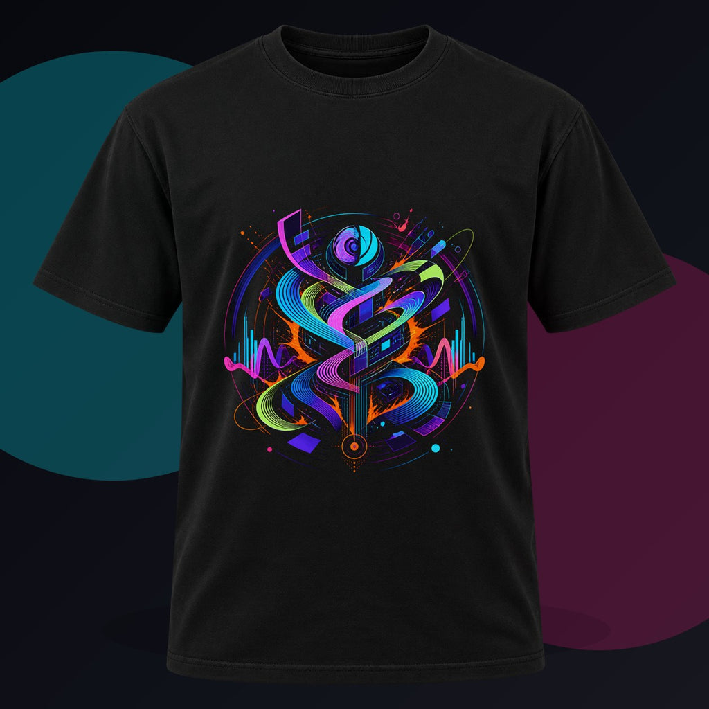 Signal Body original KOSVYRE design on a black graphic tee against a graphite studio background