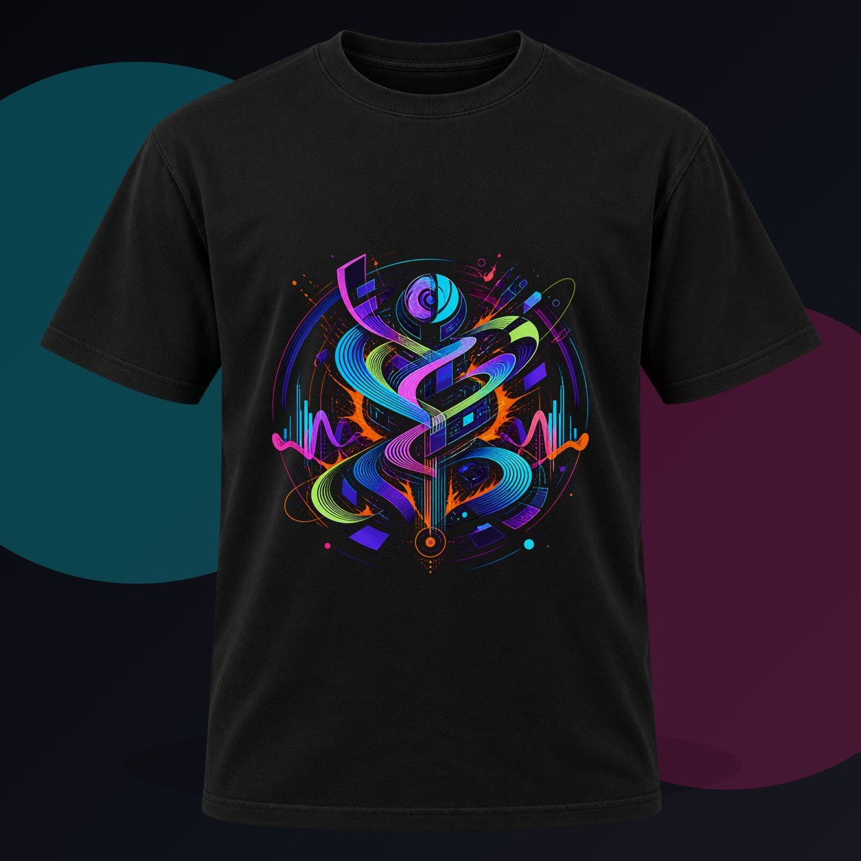 Signal Body original KOSVYRE design on a black graphic tee against a graphite studio background