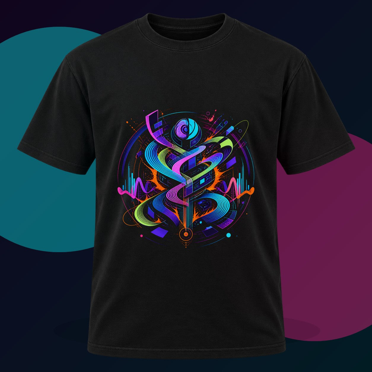 Signal Body original KOSVYRE design on a black graphic tee with cyan and violet studio lighting