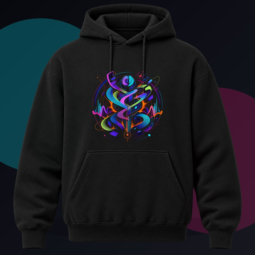 Signal Body original KOSVYRE design on a black hoodie against a graphite studio background