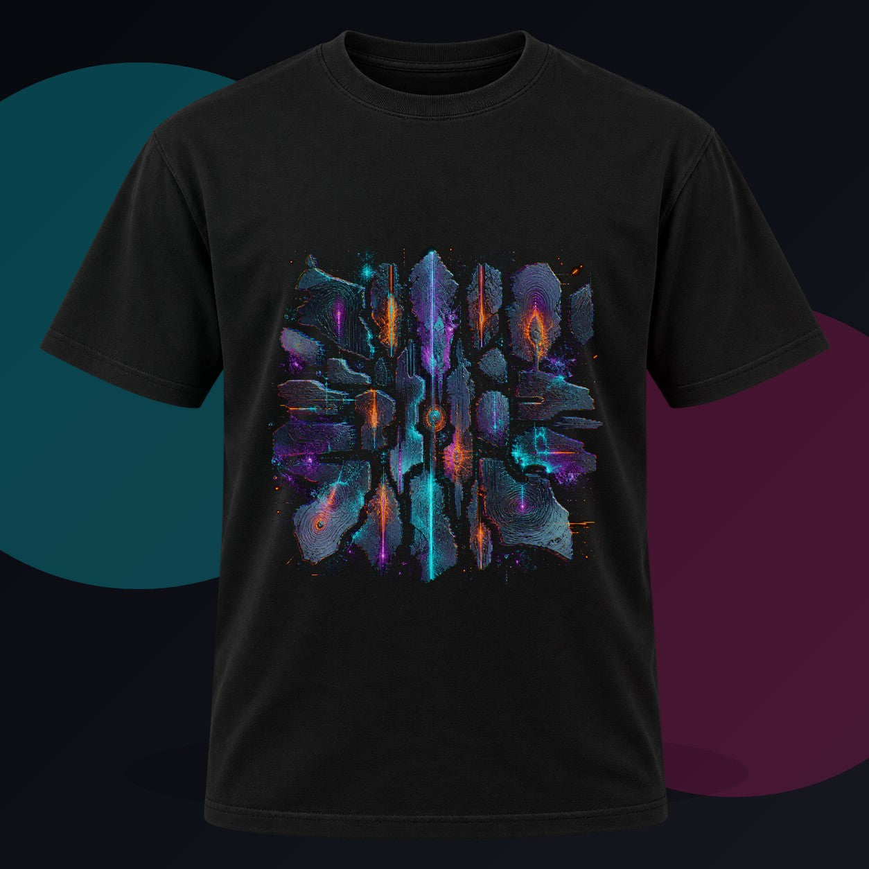 Signal Fossil Array original KOSVYRE design on a black graphic tee against a graphite studio background