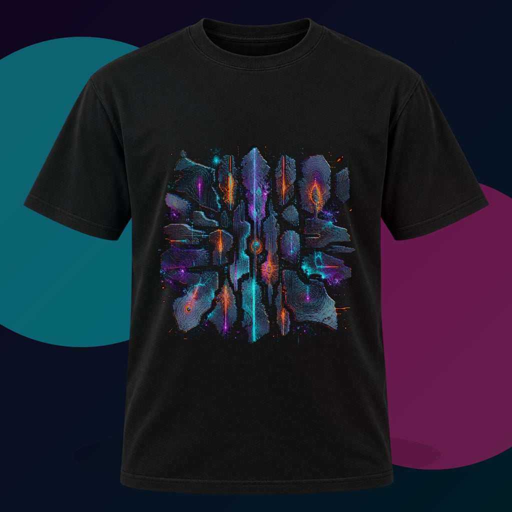 Signal Fossil Array original KOSVYRE design on a black graphic tee with cyan and violet studio lighting