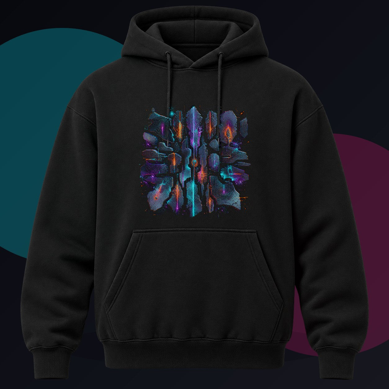 Signal Fossil Array original KOSVYRE design on a black hoodie against a graphite studio background