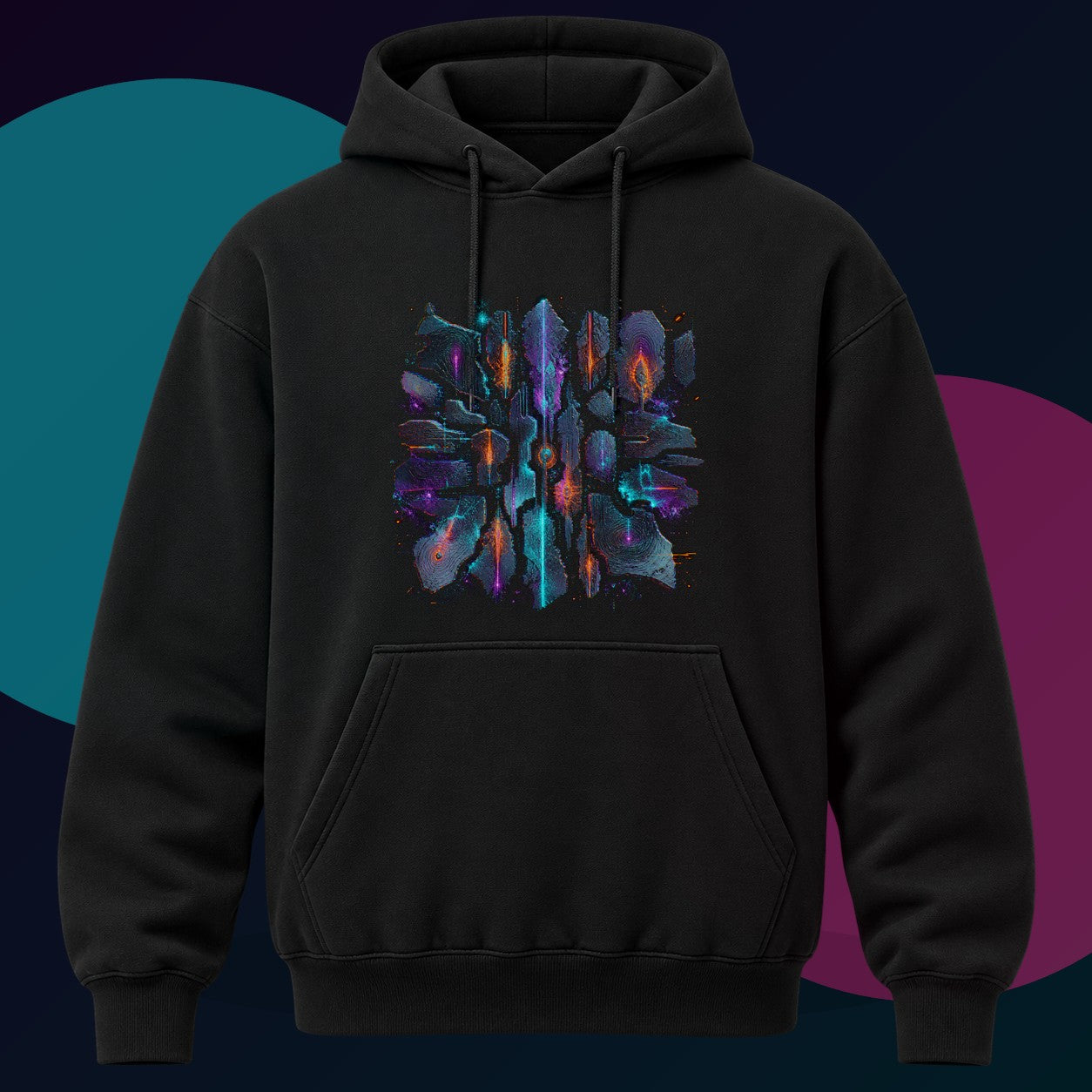 Signal Fossil Array original KOSVYRE design on a black hoodie with cyan and violet studio lighting