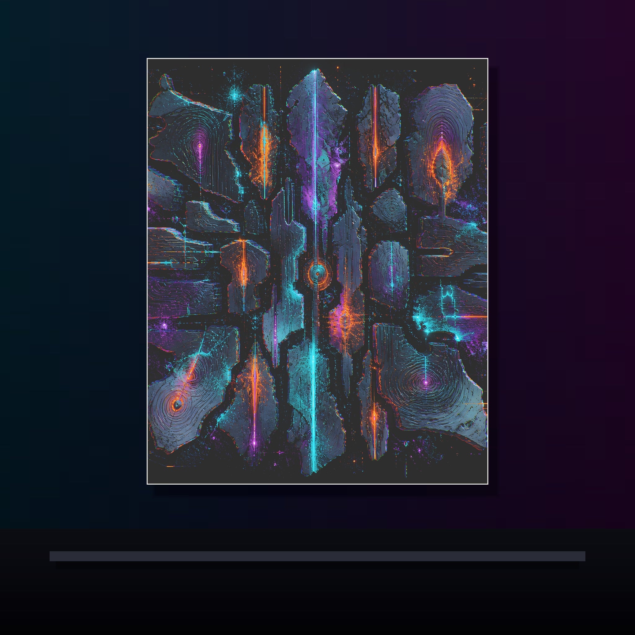 Signal Fossil Array original KOSVYRE poster displayed in a dark psychedelic gallery setting