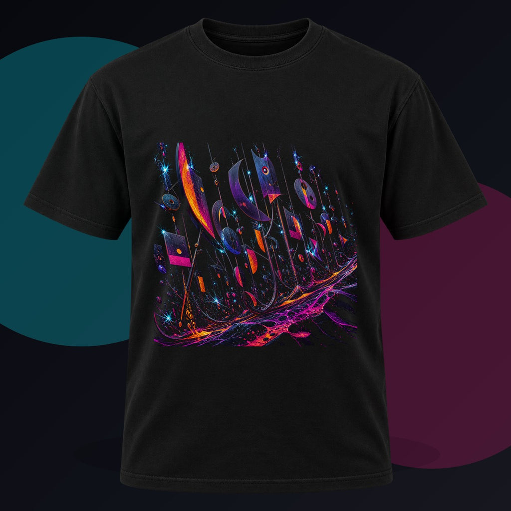Signal Foundry Orchard original KOSVYRE design on a black graphic tee against a graphite studio background