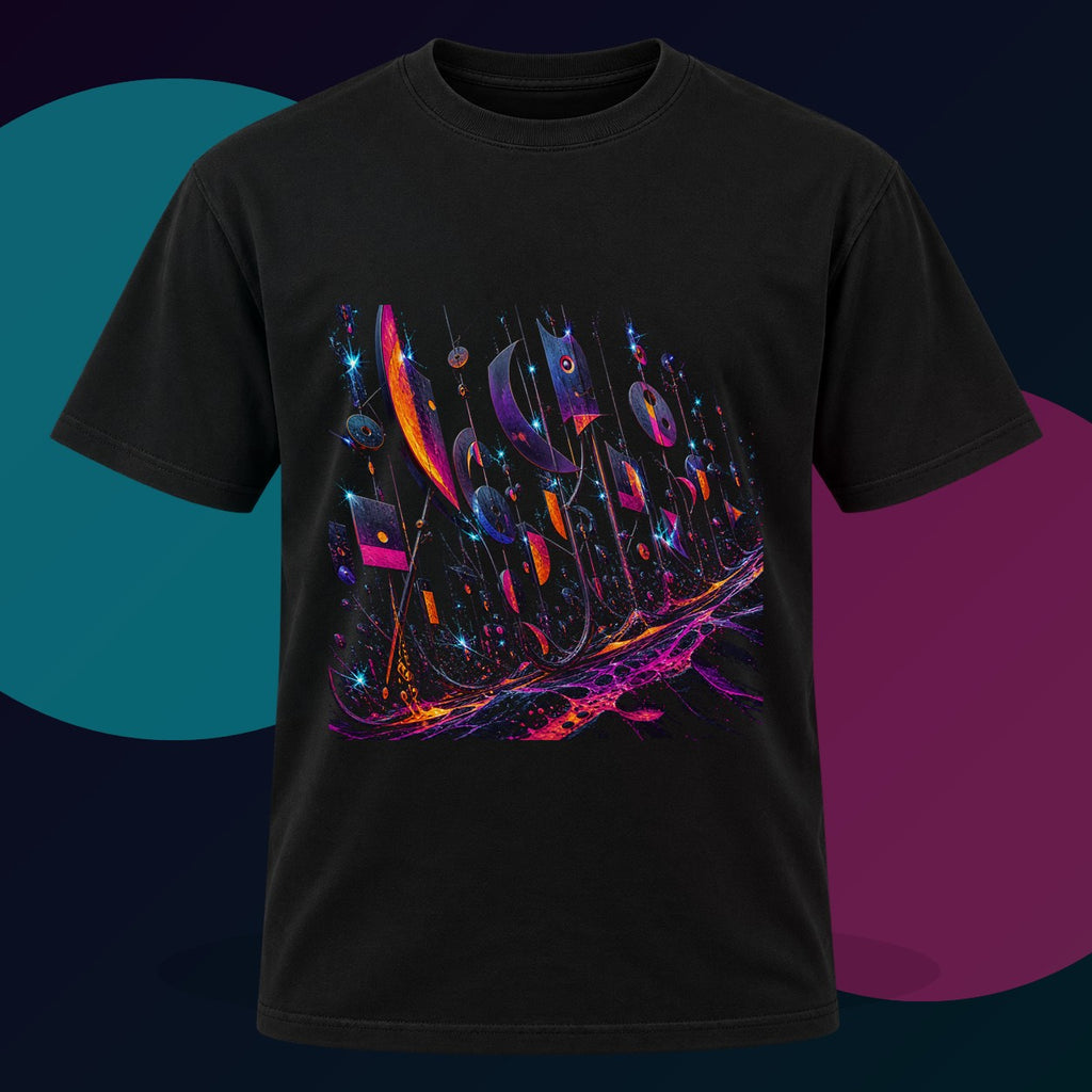 Signal Foundry Orchard original KOSVYRE design on a black graphic tee with cyan and violet studio lighting