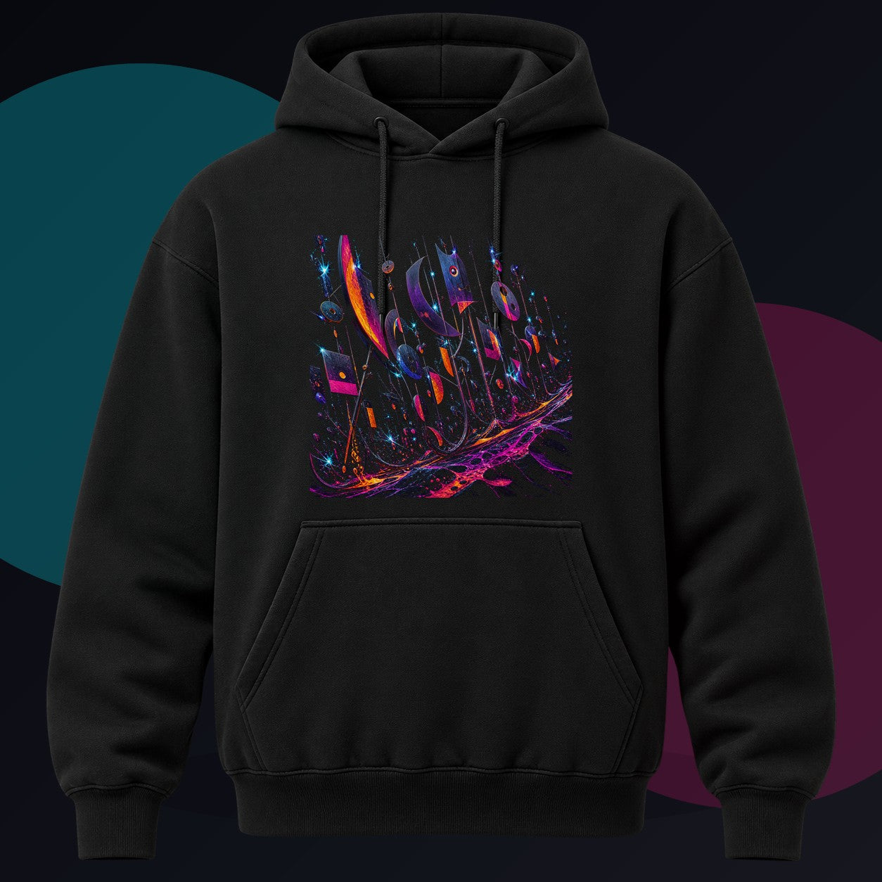 Signal Foundry Orchard original KOSVYRE design on a black hoodie against a graphite studio background
