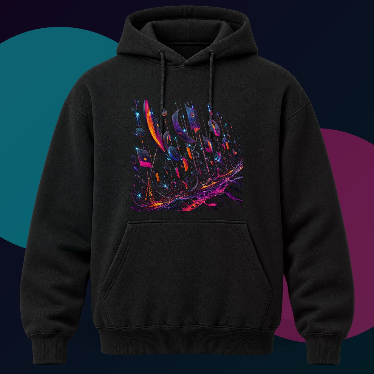 Signal Foundry Orchard original KOSVYRE design on a black hoodie with cyan and violet studio lighting