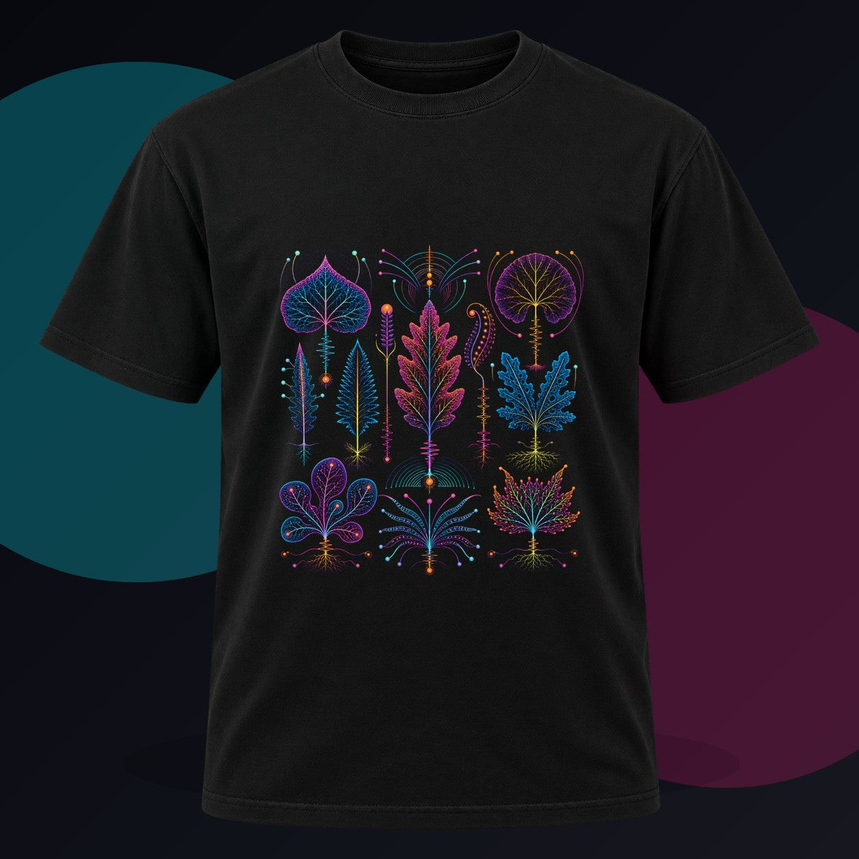 Signal Herbarium original KOSVYRE design on a black graphic tee against a graphite studio background