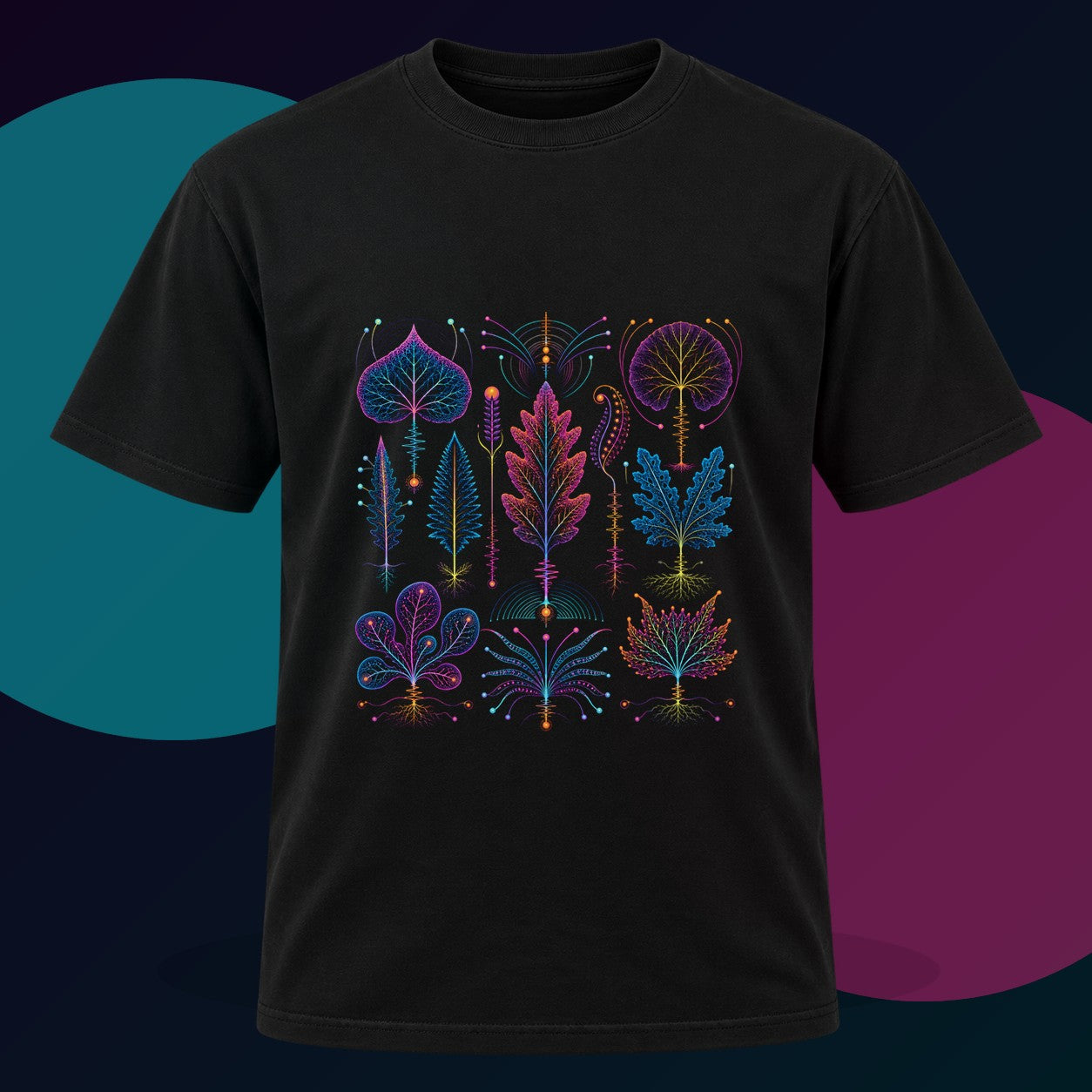 Signal Herbarium original KOSVYRE design on a black graphic tee with cyan and violet studio lighting