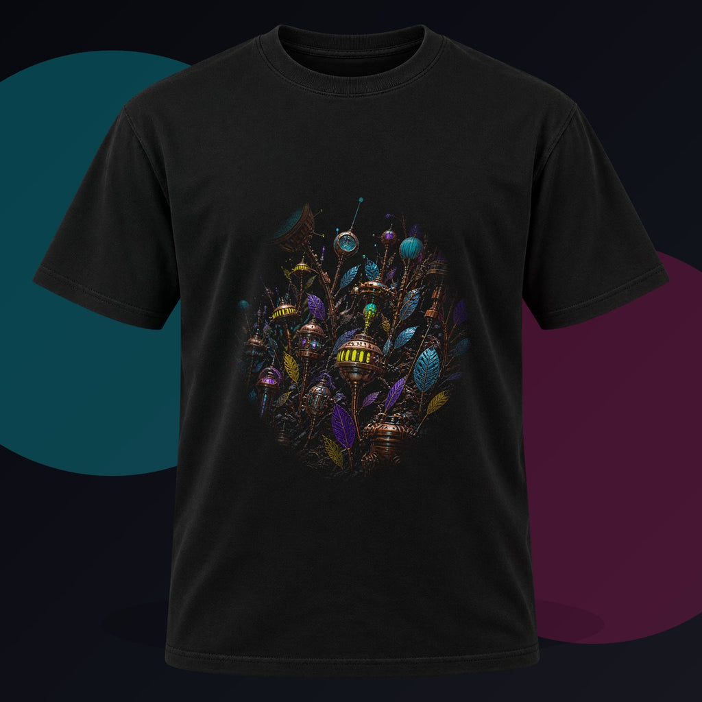 Signal Machine Orchard original KOSVYRE design on a black graphic tee against a graphite studio background