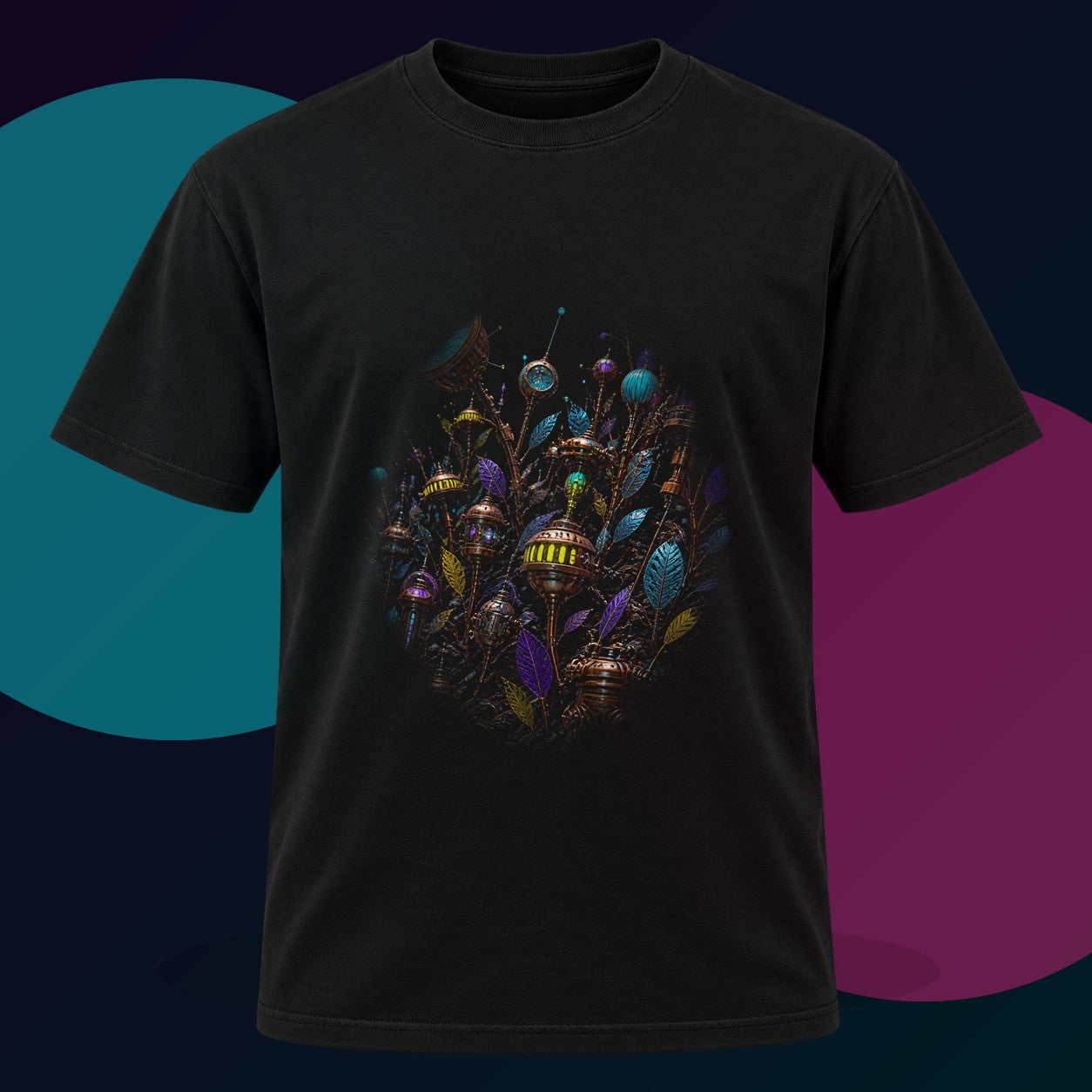 Signal Machine Orchard original KOSVYRE design on a black graphic tee with cyan and violet studio lighting