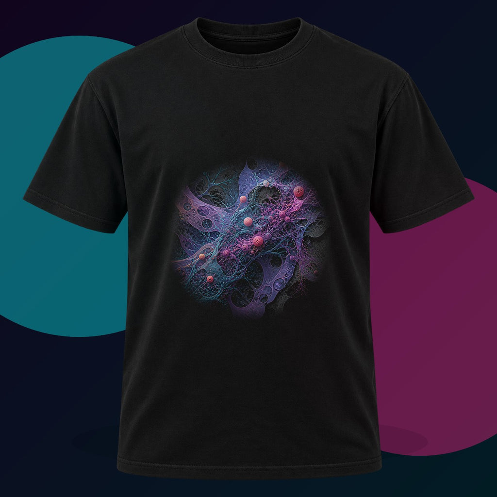 Signal Moss Protocol original KOSVYRE design on a black graphic tee with cyan and violet studio lighting