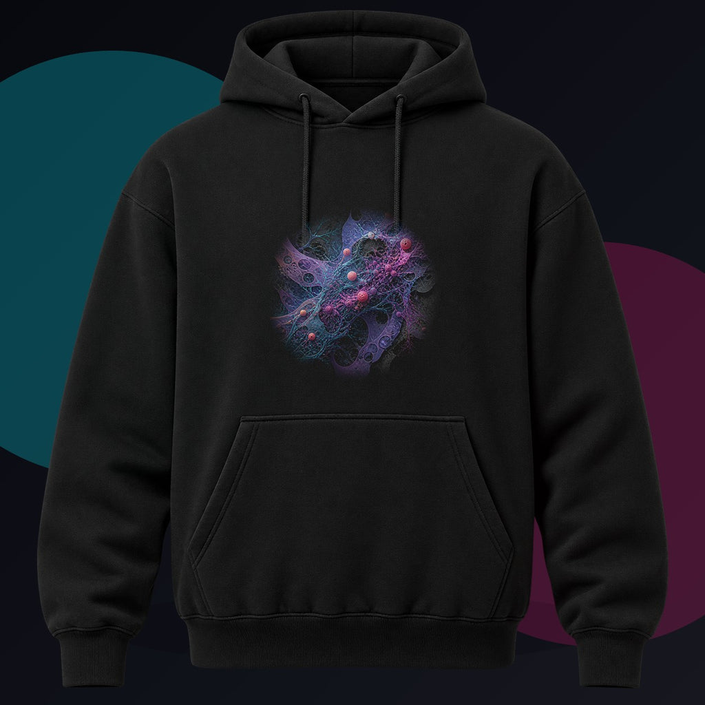 Signal Moss Protocol original KOSVYRE design on a black hoodie against a graphite studio background