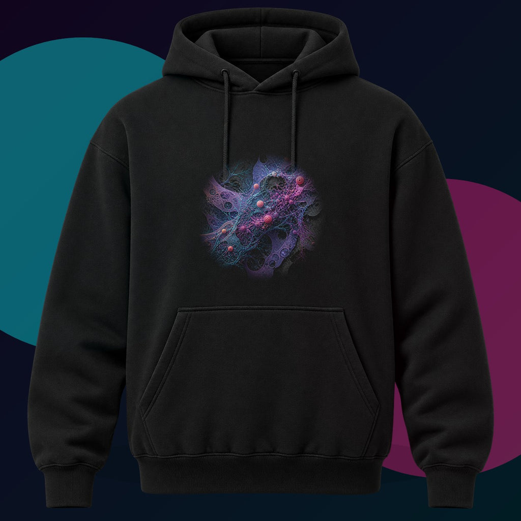 Signal Moss Protocol original KOSVYRE design on a black hoodie with cyan and violet studio lighting