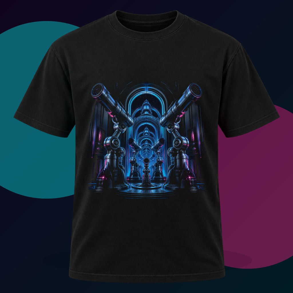 Signal Orchard original KOSVYRE design on a black graphic tee with cyan and violet studio lighting