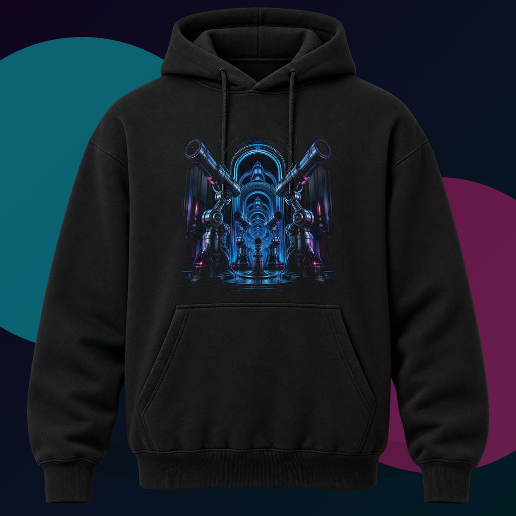 Signal Orchard original KOSVYRE design on a black hoodie with cyan and violet studio lighting