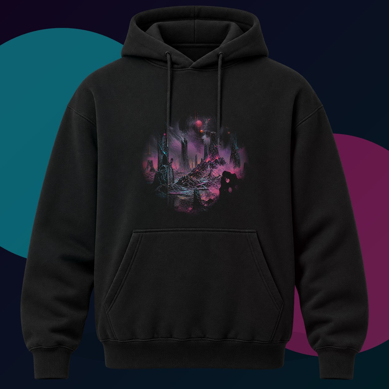 Signal Salt Ruins original KOSVYRE design on a black hoodie with cyan and violet studio lighting