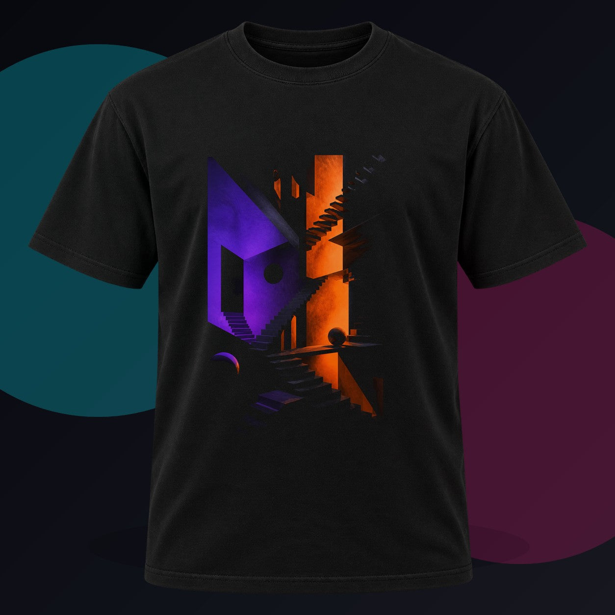 Silent Stairwell Vector original KOSVYRE design on a black graphic tee against a graphite studio background