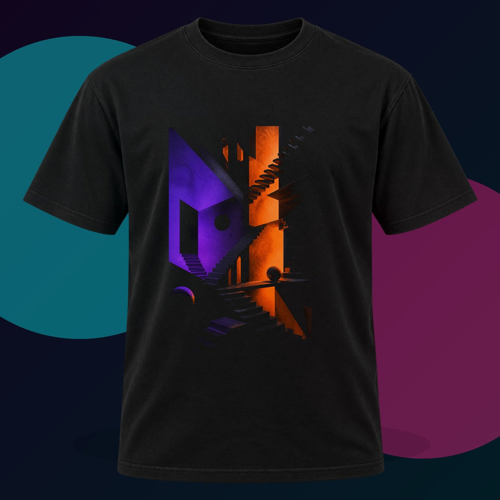 Silent Stairwell Vector original KOSVYRE design on a black graphic tee with cyan and violet studio lighting