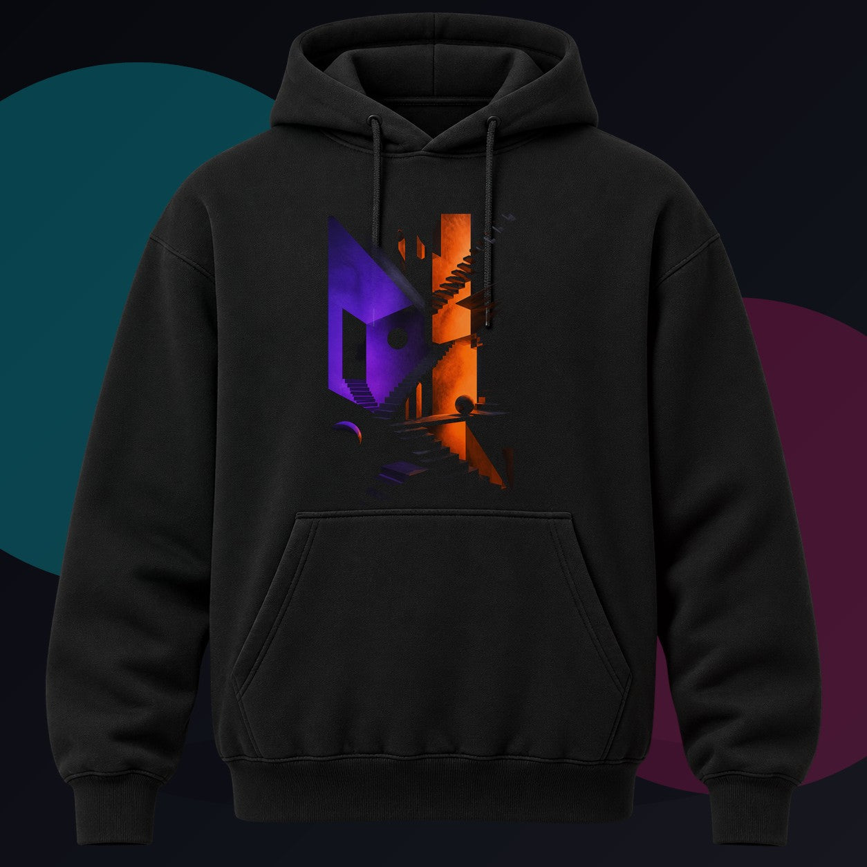 Silent Stairwell Vector original KOSVYRE design on a black hoodie against a graphite studio background