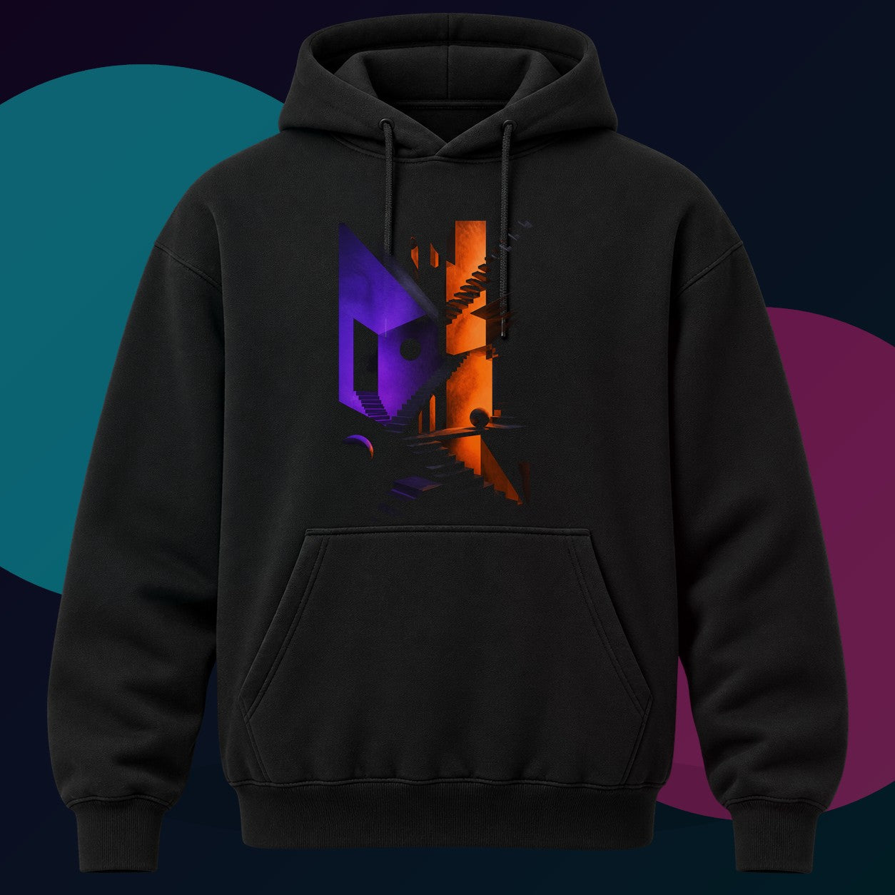 Silent Stairwell Vector original KOSVYRE design on a black hoodie with cyan and violet studio lighting