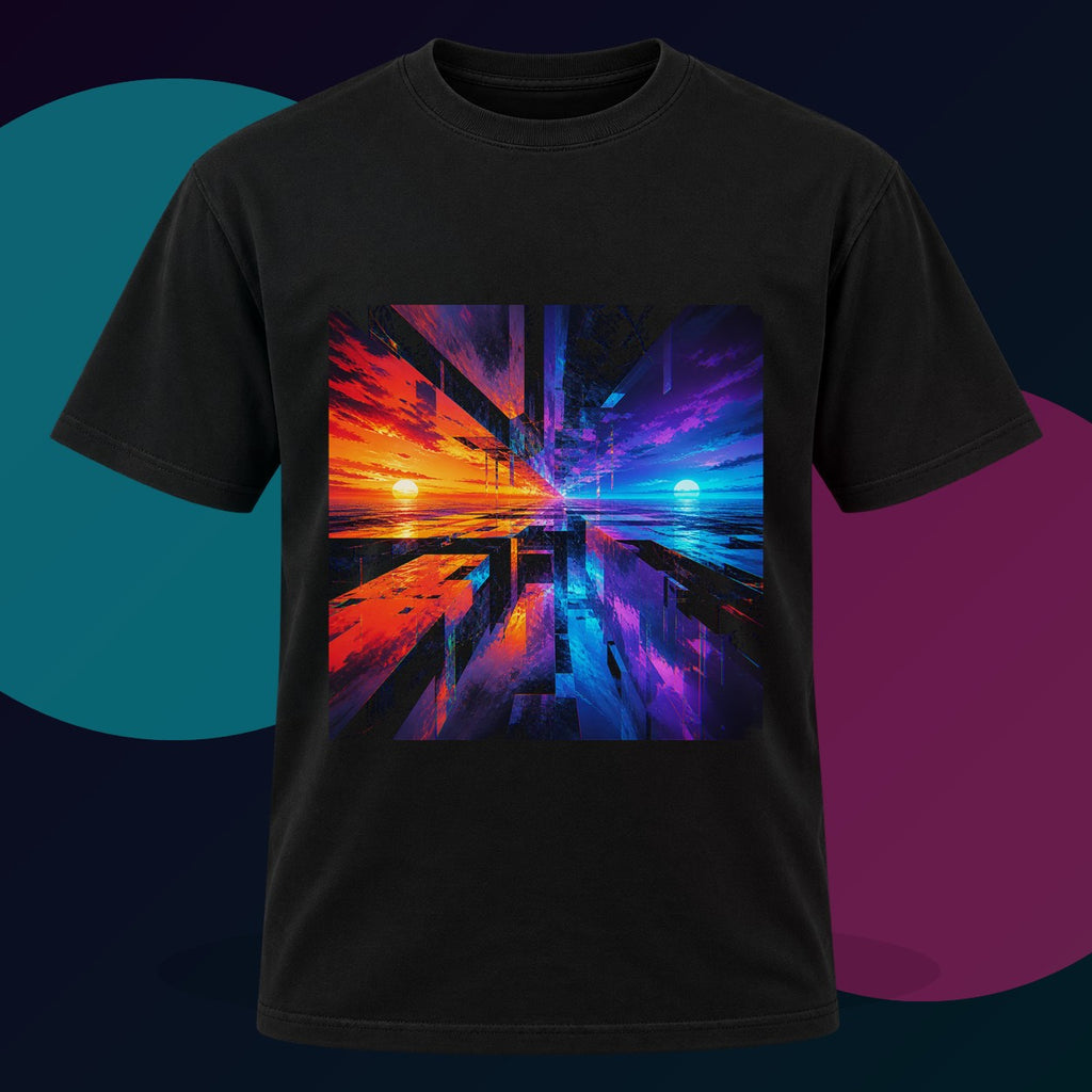 Silt of the Future original KOSVYRE design on a black graphic tee with cyan and violet studio lighting