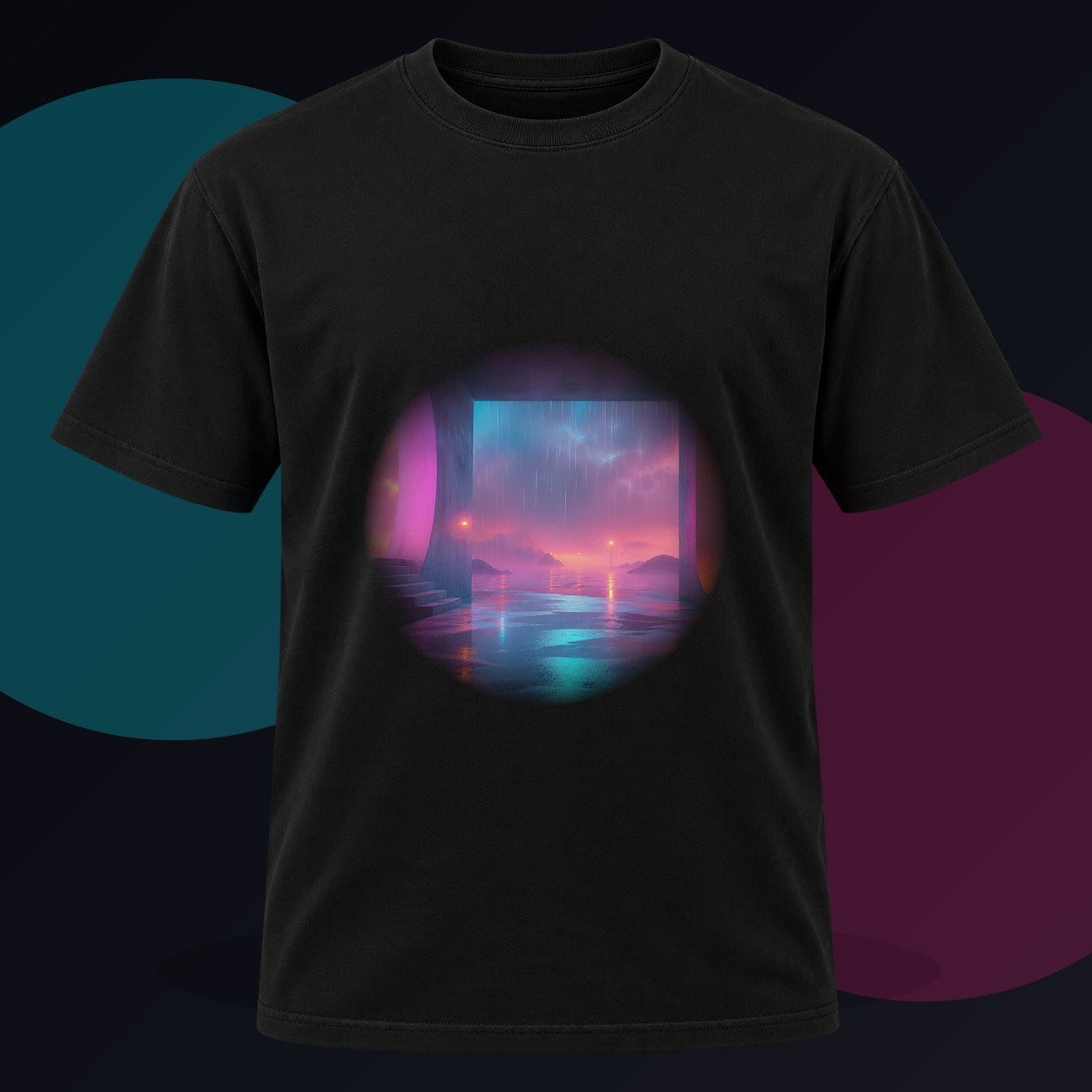 Soft Exit Under Rain original KOSVYRE design on a black graphic tee against a graphite studio background