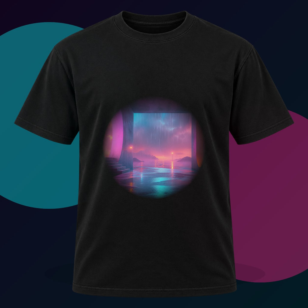 Soft Exit Under Rain original KOSVYRE design on a black graphic tee with cyan and violet studio lighting