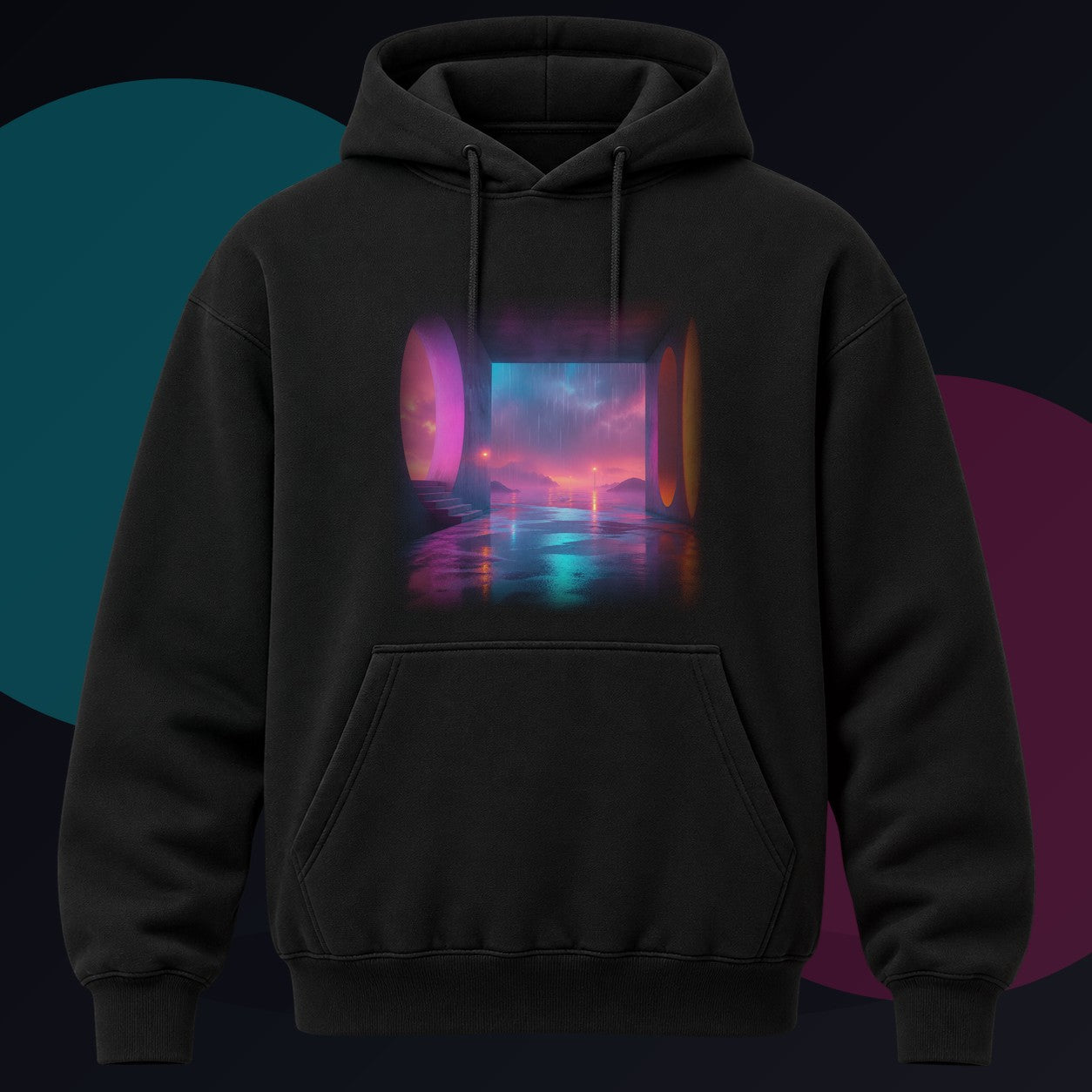Soft Exit Under Rain original KOSVYRE design on a black hoodie against a graphite studio background