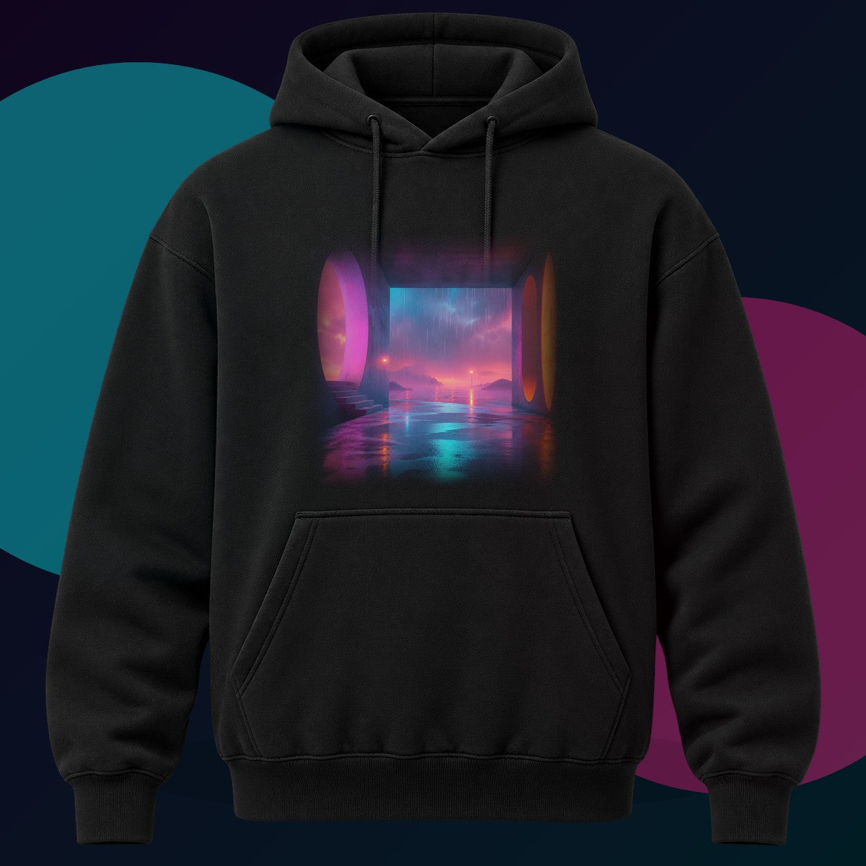 Soft Exit Under Rain original KOSVYRE design on a black hoodie with cyan and violet studio lighting