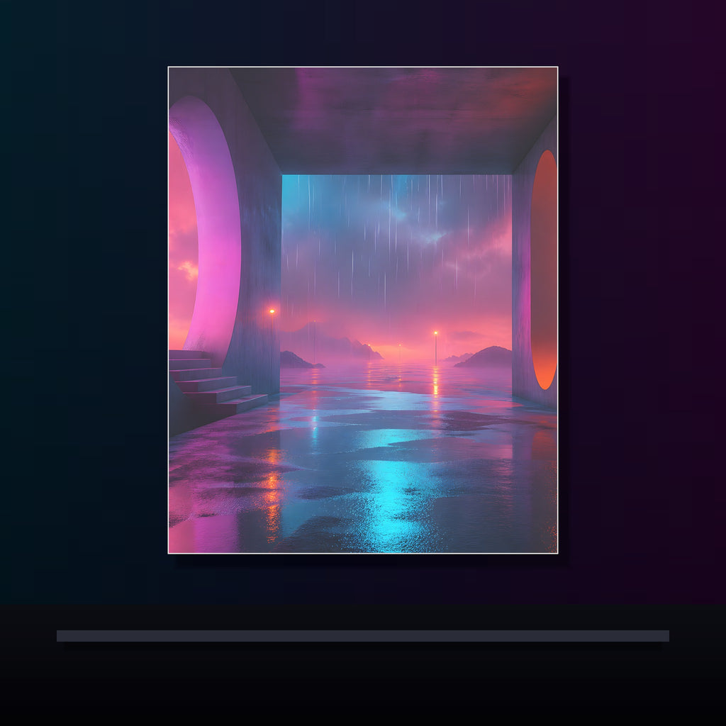 Soft Exit Under Rain original KOSVYRE poster displayed in a dark psychedelic gallery setting