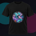 Soft Geometry Engine original KOSVYRE design on a black graphic tee against a graphite studio background