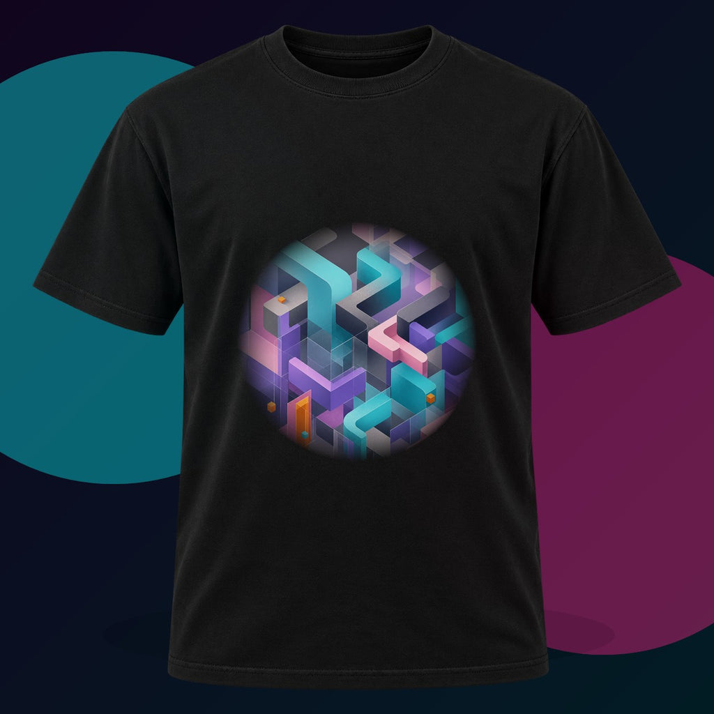Soft Geometry Engine original KOSVYRE design on a black graphic tee with cyan and violet studio lighting