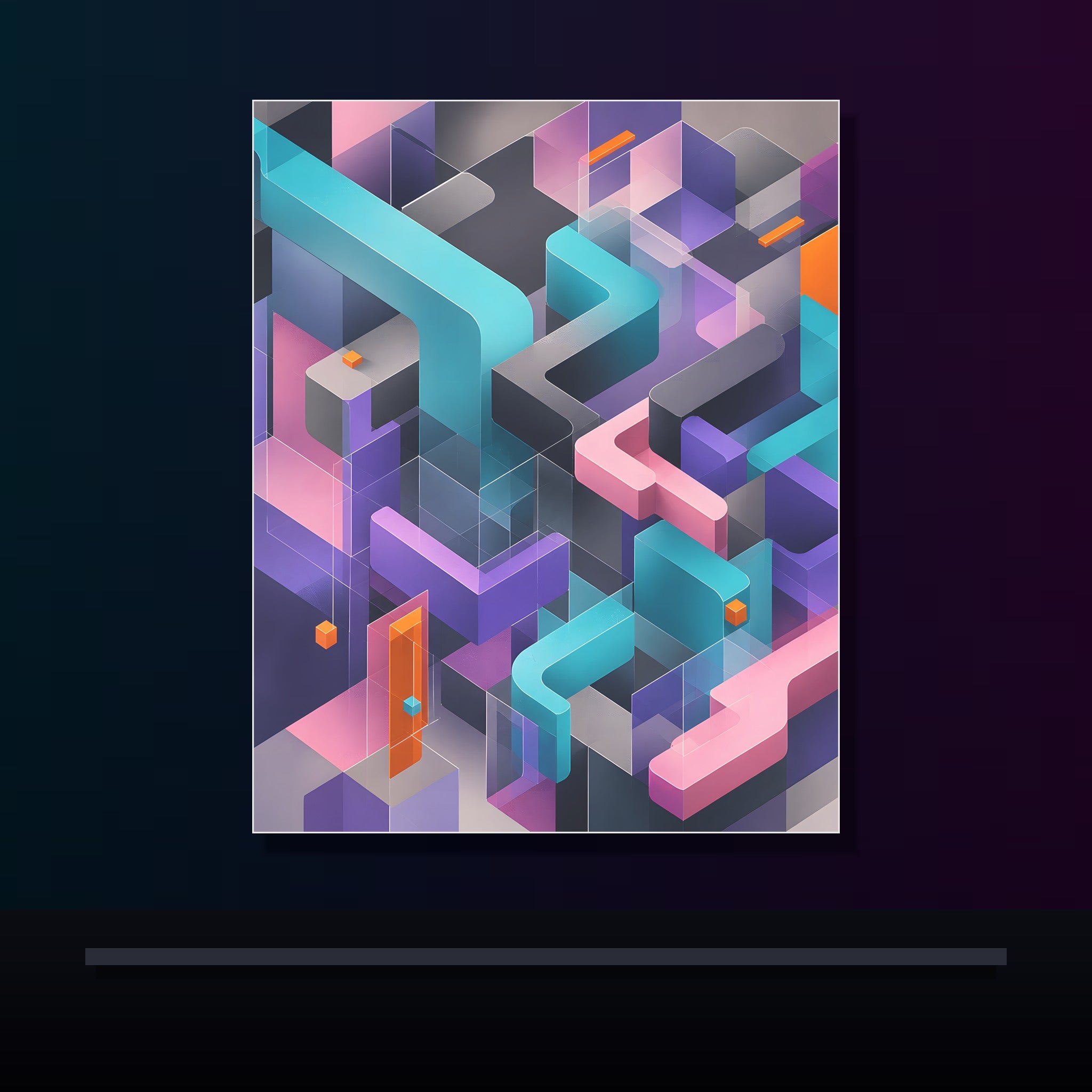 Soft Geometry Engine original KOSVYRE poster displayed in a dark psychedelic gallery setting