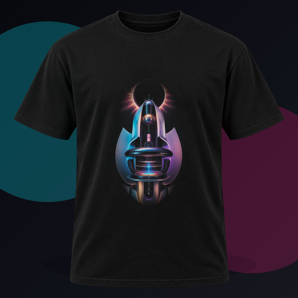 Soft Machine Eclipse original KOSVYRE design on a black graphic tee against a graphite studio background
