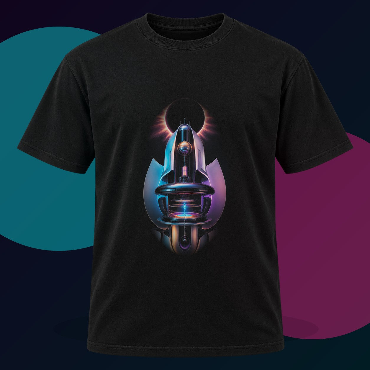 Soft Machine Eclipse original KOSVYRE design on a black graphic tee with cyan and violet studio lighting