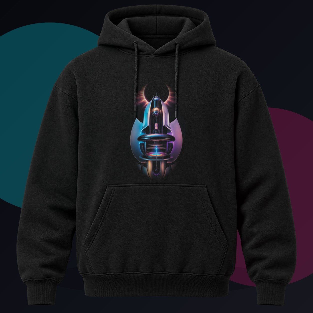 Soft Machine Eclipse original KOSVYRE design on a black hoodie against a graphite studio background