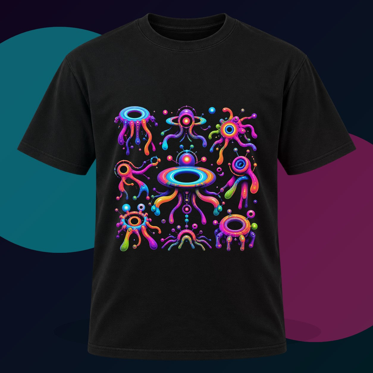 Soft Portal Zoology original KOSVYRE design on a black graphic tee with cyan and violet studio lighting