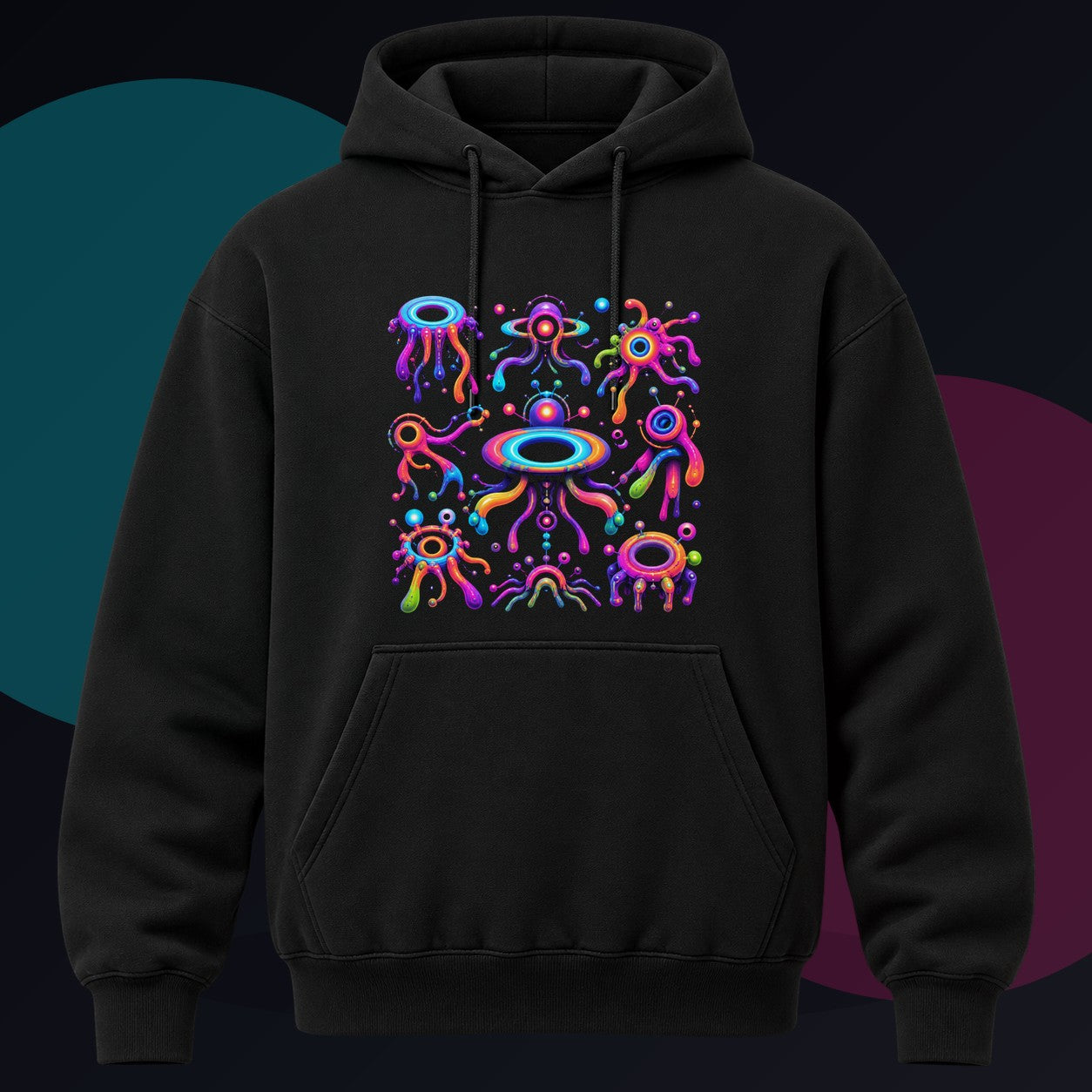 Soft Portal Zoology original KOSVYRE design on a black hoodie against a graphite studio background