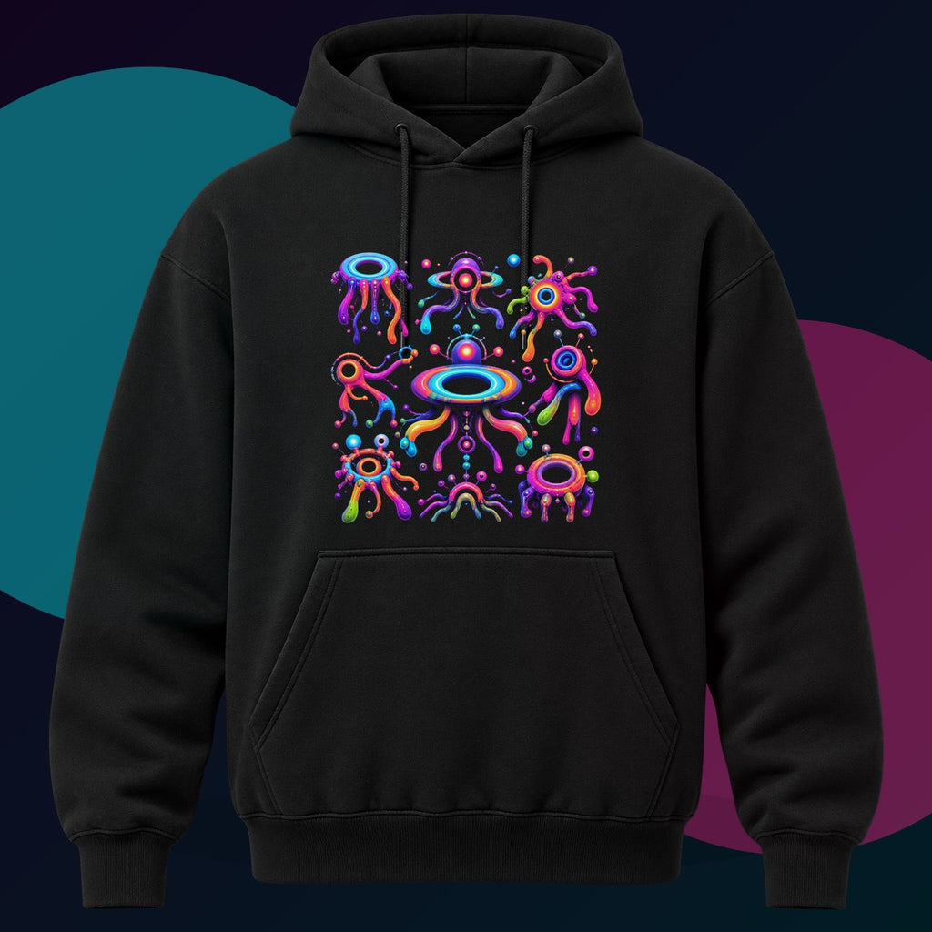 Soft Portal Zoology original KOSVYRE design on a black hoodie with cyan and violet studio lighting