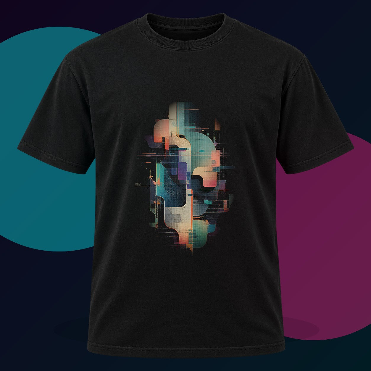 Soft Vector Ruin original KOSVYRE design on a black graphic tee with cyan and violet studio lighting