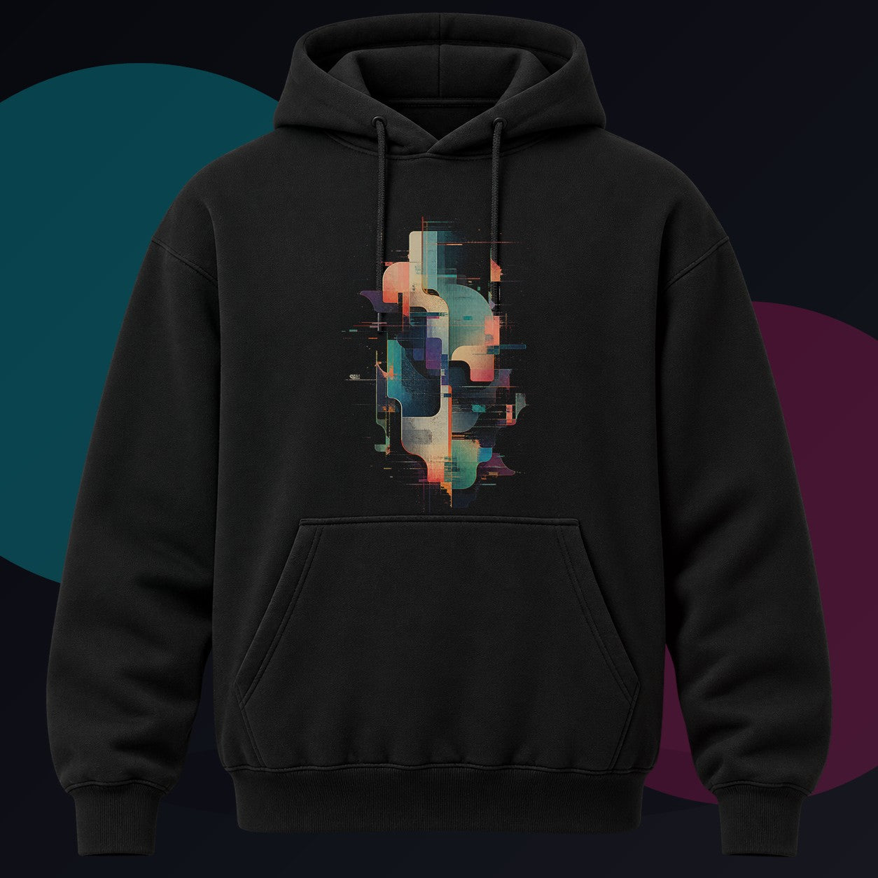 Soft Vector Ruin original KOSVYRE design on a black hoodie against a graphite studio background