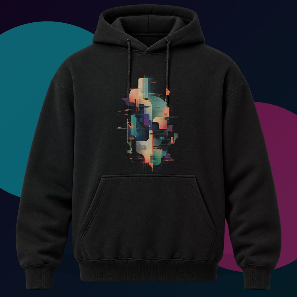 Soft Vector Ruin original KOSVYRE design on a black hoodie with cyan and violet studio lighting