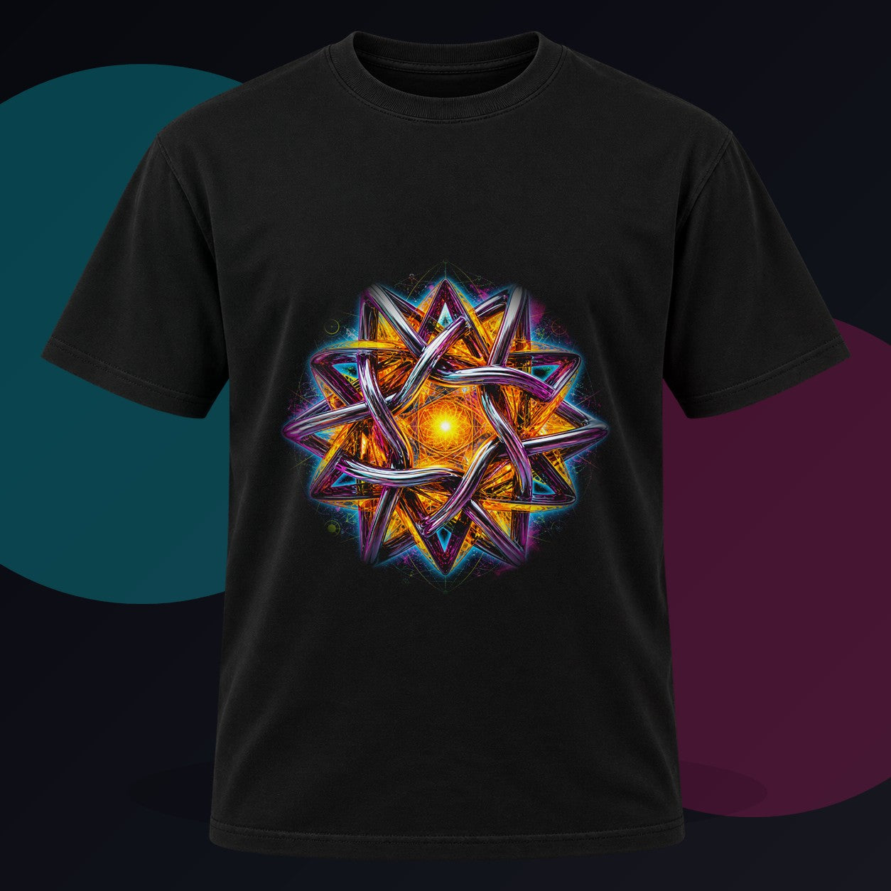 Solaris Knot original KOSVYRE design on a black graphic tee against a graphite studio background