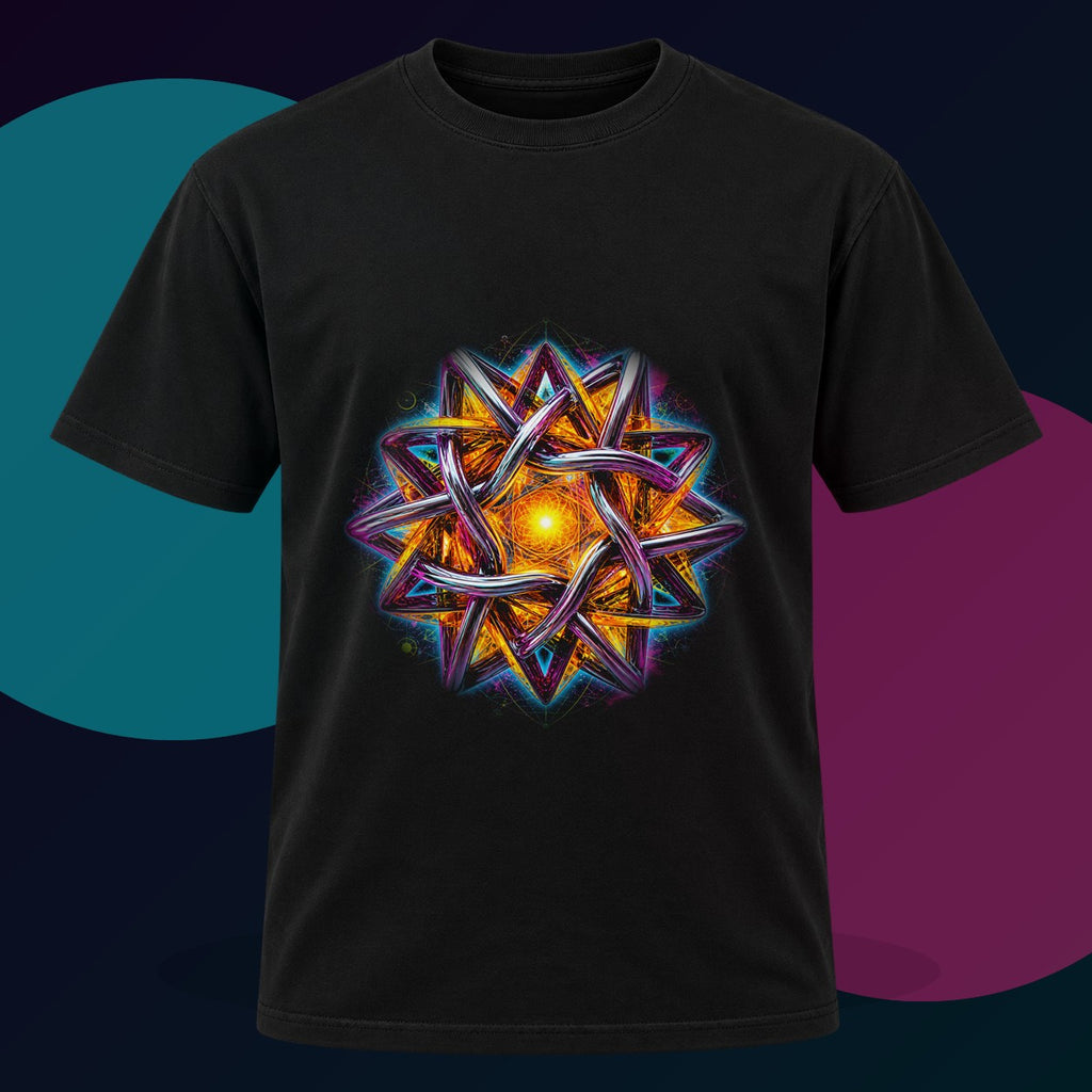 Solaris Knot original KOSVYRE design on a black graphic tee with cyan and violet studio lighting