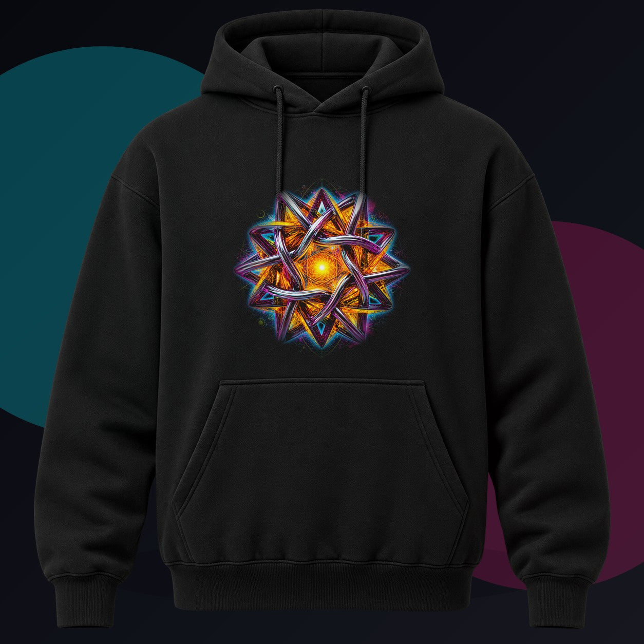 Solaris Knot original KOSVYRE design on a black hoodie against a graphite studio background