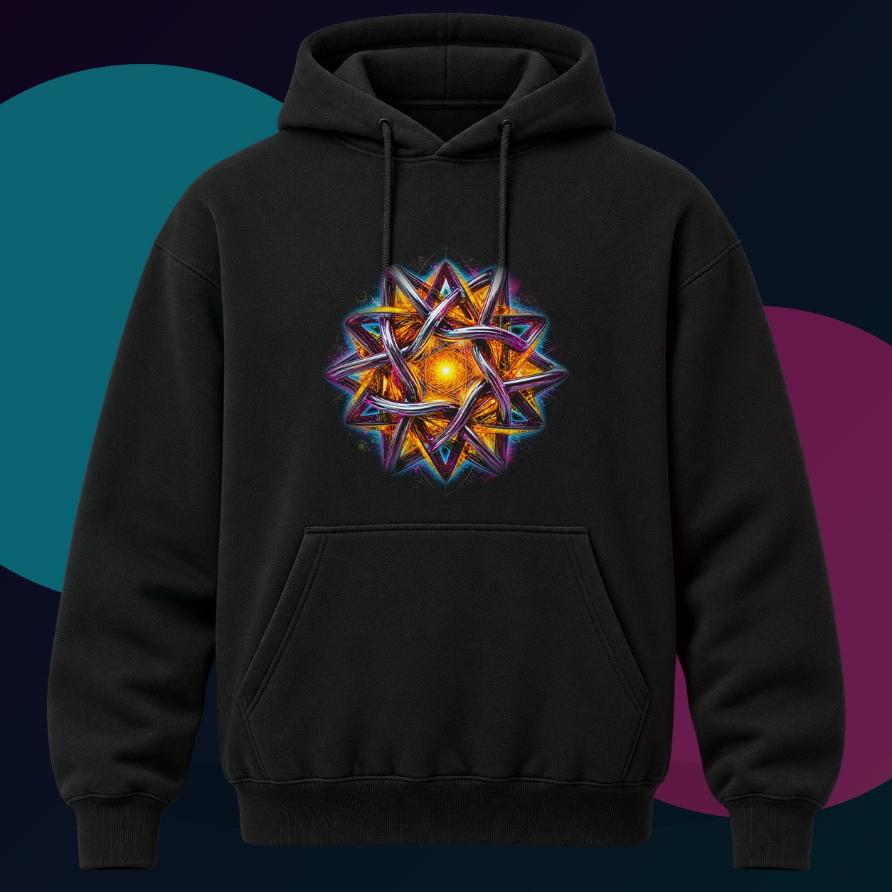 Solaris Knot original KOSVYRE design on a black hoodie with cyan and violet studio lighting